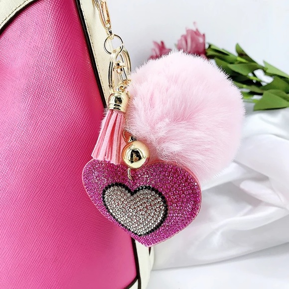 Heart with Pink Rhinestones & Pom Pom on Keychain - Picture 7 of 13